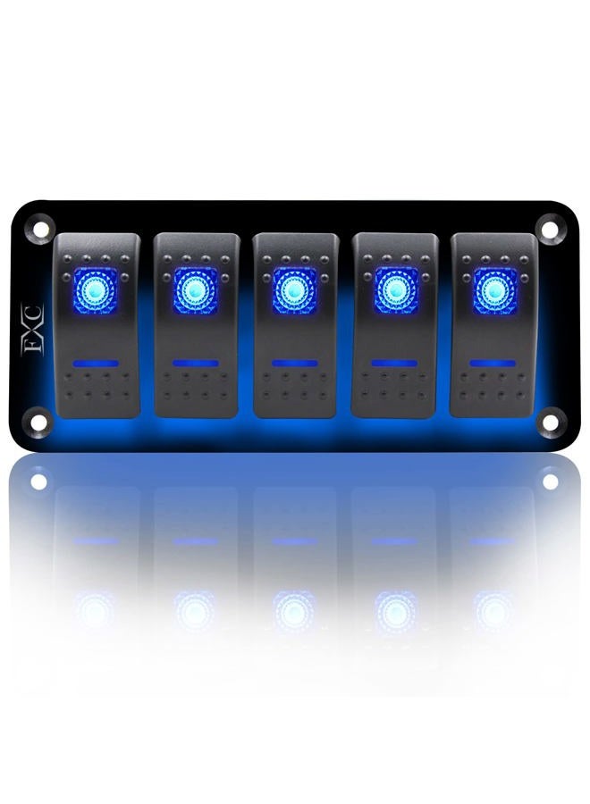 FXC Rocker Switch Aluminum Panel 5 Gang Toggle Switches Dash 5 Pin ON/OFF 2 LED Backlit for Boat Car Marine Red - Image 1