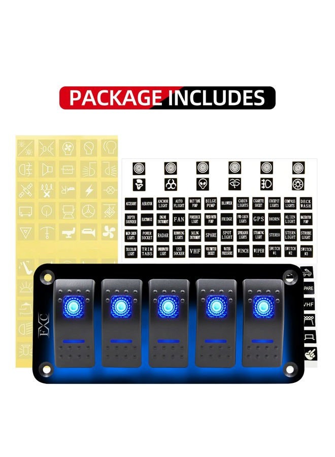 FXC Rocker Switch Aluminum Panel 5 Gang Toggle Switches Dash 5 Pin ON/OFF 2 LED Backlit for Boat Car Marine Red - Image 3