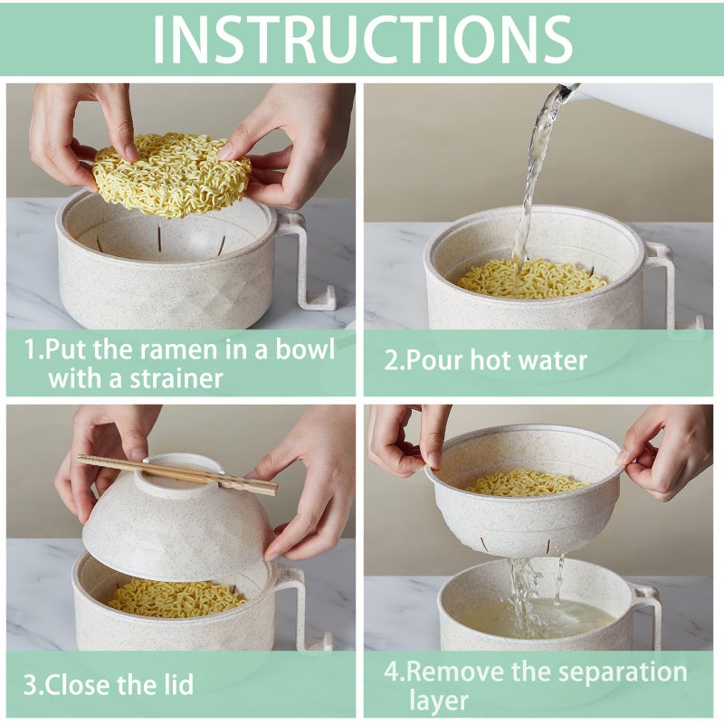 Romooa 2 Sets Microwave Ramen Bowl 40 oz Wheat Fiber Portable Instant Noodle Cooker Bowl with Handles Strainer Spoon Chopstick Fork College Dorm Room Apartment Essentials(Pink, Light Blue) - Image 4