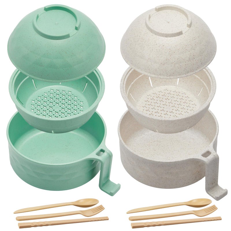 Romooa 2 Sets Microwave Ramen Bowl 40 oz Wheat Fiber Portable Instant Noodle Cooker Bowl with Handles Strainer Spoon Chopstick Fork College Dorm Room Apartment Essentials(Pink, Light Blue) - Image 1