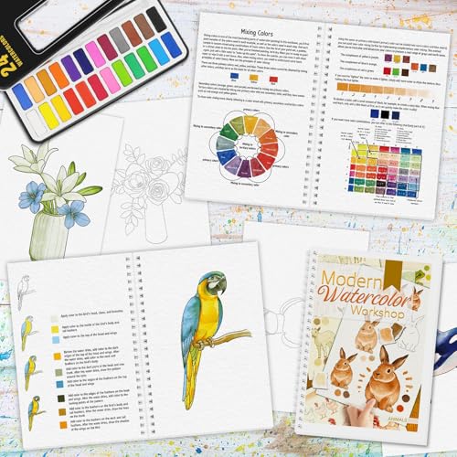 ADEVIAN 3Pcs Watercolor Workbook Paint Book Beginner Friendly Painting Kit 36 Pages Workbooks with 24 Paint Colors Brush for Beginners StressRelieving Gift for Women Adults BouquetAnimalsBirds - Image 3