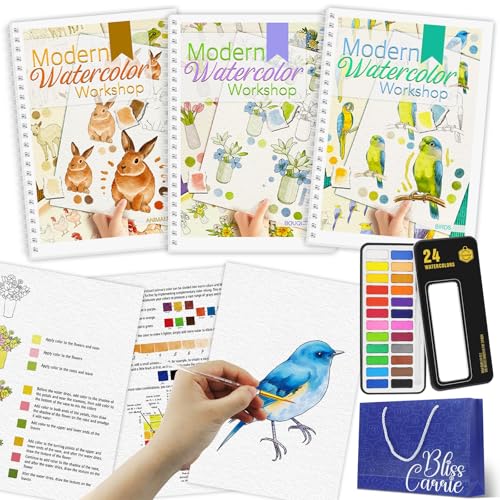 ADEVIAN 3Pcs Watercolor Workbook Paint Book Beginner Friendly Painting Kit 36 Pages Workbooks with 24 Paint Colors Brush for Beginners StressRelieving Gift for Women Adults BouquetAnimalsBirds - Image 1