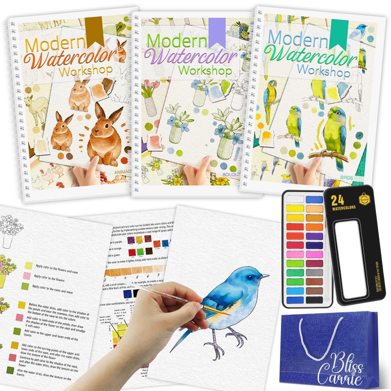 ADEVIAN 3Pcs Watercolor Workbook Paint Book Beginner Friendly Painting Kit 36 Pages Workbooks with 24 Paint Colors Brush for Beginners StressRelieving Gift for Women Adults BouquetAnimalsBirds - Image 2