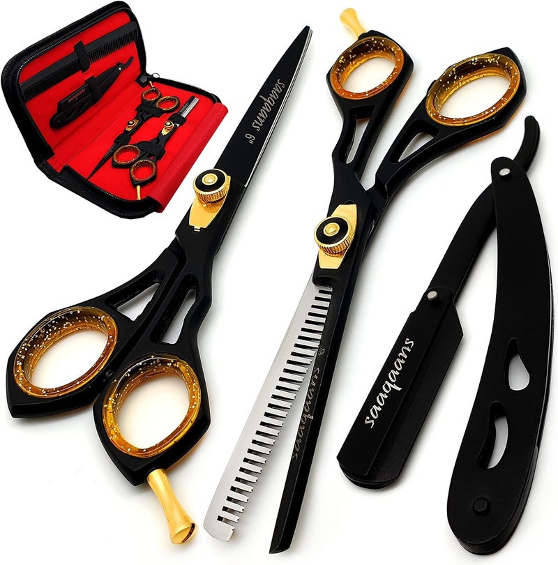 Saaqaans Professional Barber Shears Kit Tools - Hair Cutting Scissors Set for Hairdresser/Hair Salon + Thinning/Texture Hairdressing Haircut Shear for Beautician + Straight Razor + 10 Blades with Case - Image 1