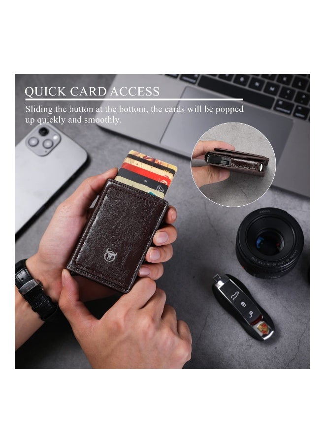 Slim Minimalist Wallet for Men with Phone Stand Compact Metal Pop Up Design Leather Credit Card Holder with Cash Strap in Coffee  - Image 3