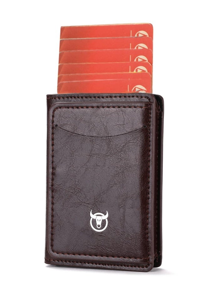 Slim Minimalist Wallet for Men with Phone Stand Compact Metal Pop Up Design Leather Credit Card Holder with Cash Strap in Coffee  - Image 1