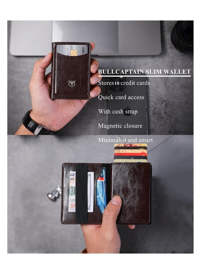 Slim Minimalist Wallet for Men with Phone Stand Compact Metal Pop Up Design Leather Credit Card Holder with Cash Strap in Coffee  - Image 4
