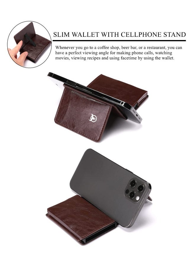 Slim Minimalist Wallet for Men with Phone Stand Compact Metal Pop Up Design Leather Credit Card Holder with Cash Strap in Coffee  - Image 2