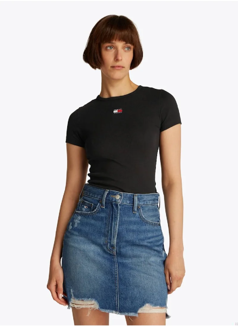 TOMMY JEANS Women's Badge Ribbed Slim T-Shirt - Cotton, Black