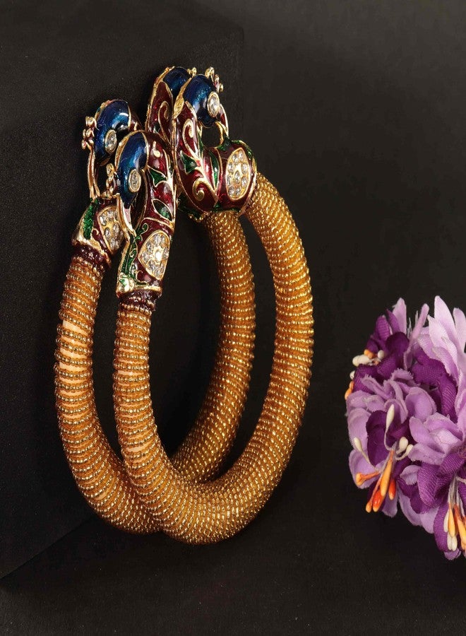 NMII Stylish Acrylic Peacock Design Kada Set For Women & Girls Studded With Zircon Stone | Women Bangle Bracelet | Acrylic Kada For Girls | Fancy Chudi | Wedding & Festive - Pack Of 2 (Gold) - Image 3