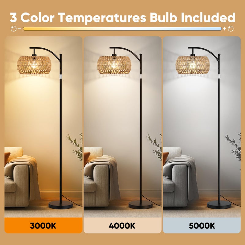 ROTTOGOON Rattan Floor Lamps for Living Room, Boho Standing Lamps with Rattan Shades, Arc Lamps Floor Standing with 9W Bulb, Foot Switch, Bohemian Floor Lamps for Bedroom, Office- Black - Image 2