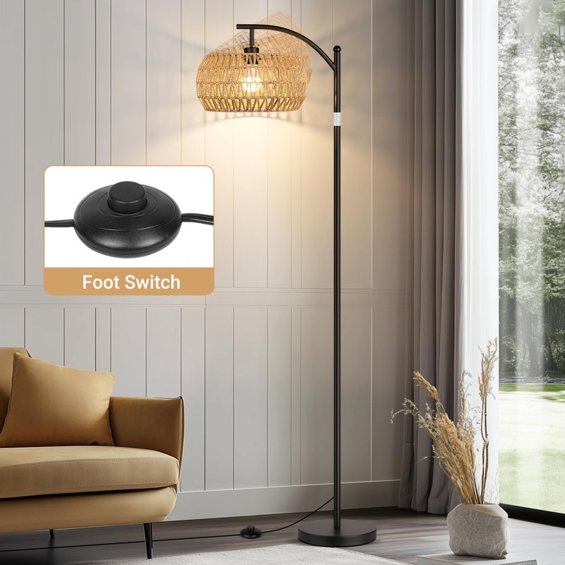 ROTTOGOON Rattan Floor Lamps for Living Room, Boho Standing Lamps with Rattan Shades, Arc Lamps Floor Standing with 9W Bulb, Foot Switch, Bohemian Floor Lamps for Bedroom, Office- Black - Image 4