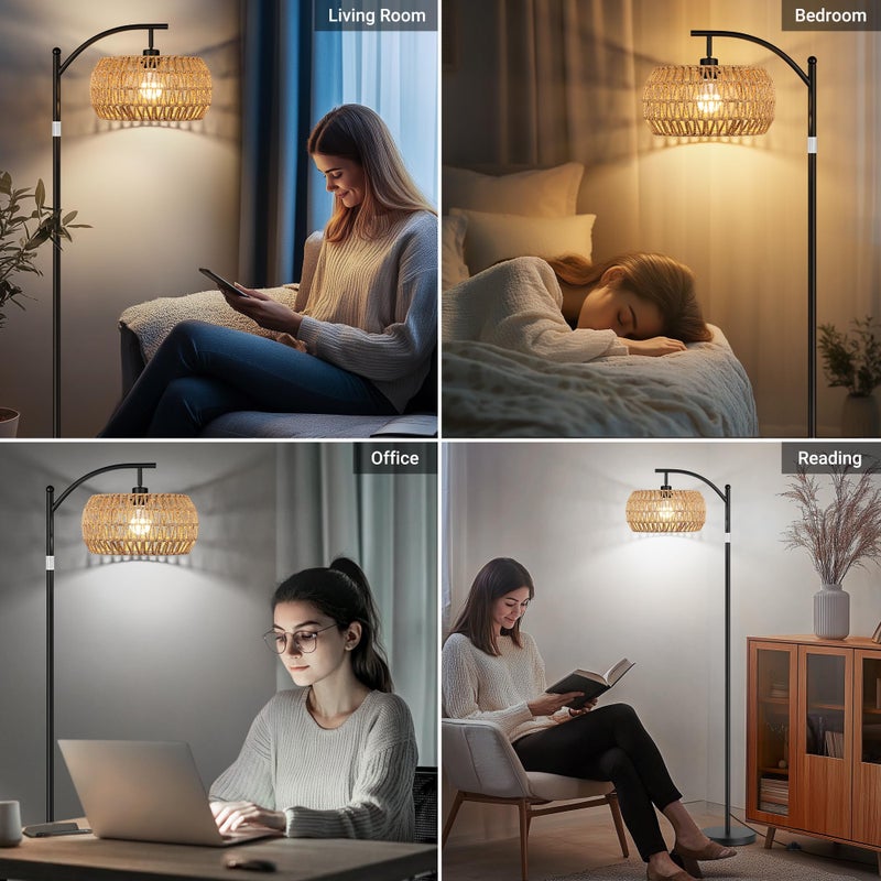 ROTTOGOON Rattan Floor Lamps for Living Room, Boho Standing Lamps with Rattan Shades, Arc Lamps Floor Standing with 9W Bulb, Foot Switch, Bohemian Floor Lamps for Bedroom, Office- Black - Image 5