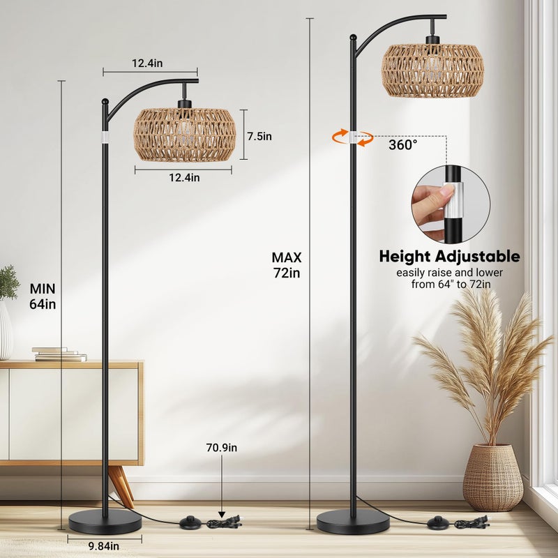 ROTTOGOON Rattan Floor Lamps for Living Room, Boho Standing Lamps with Rattan Shades, Arc Lamps Floor Standing with 9W Bulb, Foot Switch, Bohemian Floor Lamps for Bedroom, Office- Black - Image 3