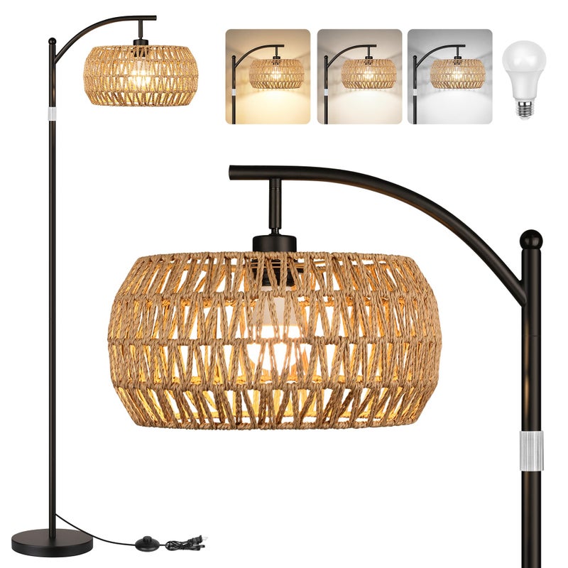 ROTTOGOON Rattan Floor Lamps for Living Room, Boho Standing Lamps with Rattan Shades, Arc Lamps Floor Standing with 9W Bulb, Foot Switch, Bohemian Floor Lamps for Bedroom, Office- Black - Image 1
