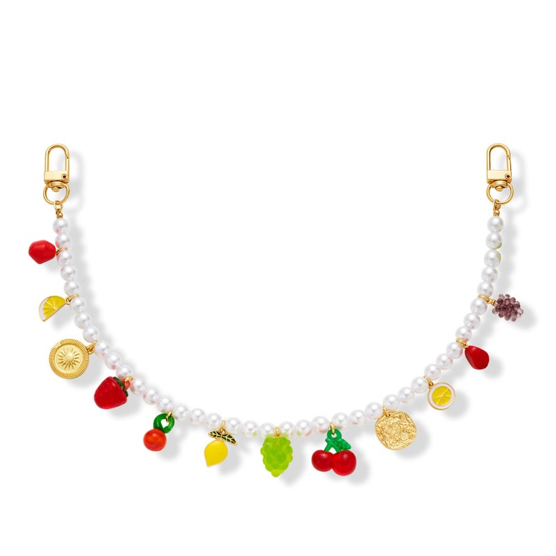 FAUTHENTICUTE Cute Fruit Bag Charms For Handbags Pearl Strand With Mulit Cherry Lemon Strawberry Grape Charms And Gold Coins Summer Purses Bag Accessories