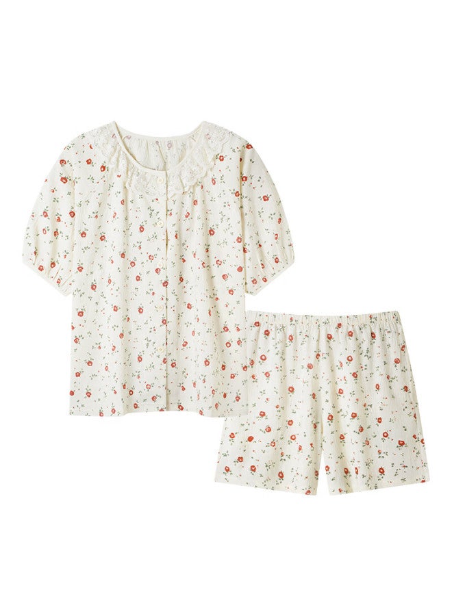 Yalu Women's Pajamas, Short-sleeve Shorts, Summer Lace Trim, Cute Floral Pattern, Loose-fitting, Can Be Worn Outside, Home Loungewear, Two-piece Set - Image 2