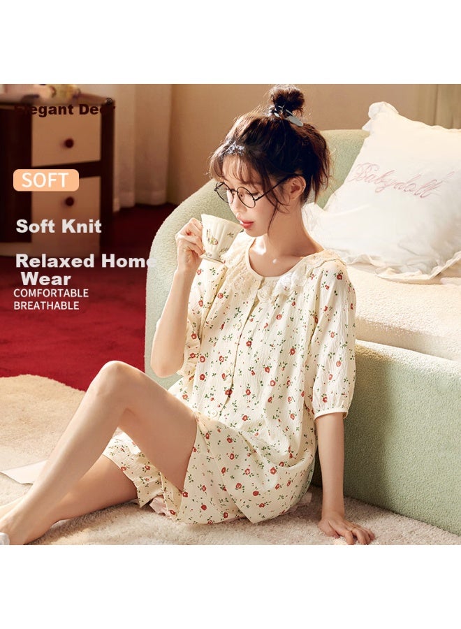 Yalu Women's Pajamas, Short-sleeve Shorts, Summer Lace Trim, Cute Floral Pattern, Loose-fitting, Can Be Worn Outside, Home Loungewear, Two-piece Set - Image 1