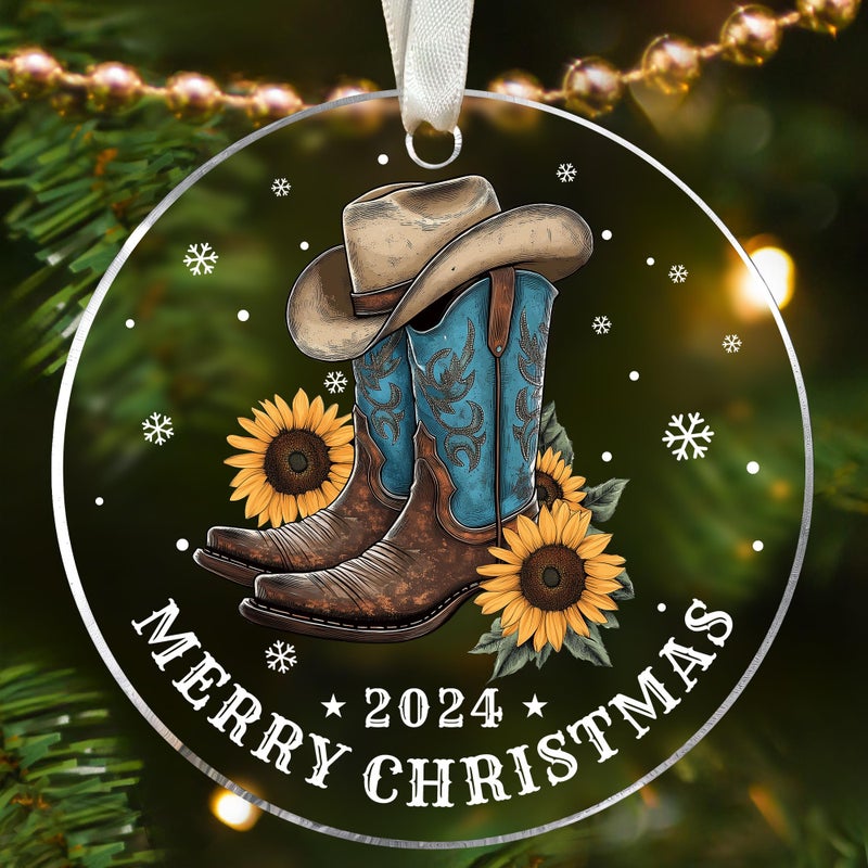 HUNIGIFT Cowboy Boot Ornaments - Cowboy Boot Christmas Ornament  Cowboy Christmas Ornaments  Cowgirl Christmas Ornaments - Cowgirl Boots Ornament  Cowgirl Boot Ornament - Acrylic Christmas Ornaments 2024 - Image 1