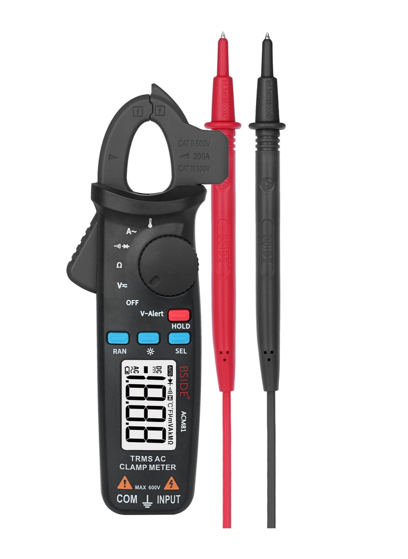 Digital AC Clamp Meter 2000 Counts Auto Range True RMS Portable Handheld Multimeter Measuring AC/DC Voltage AC Current Resistance Continuity Diode Temperature Tester w/ Back Clip and Backlight