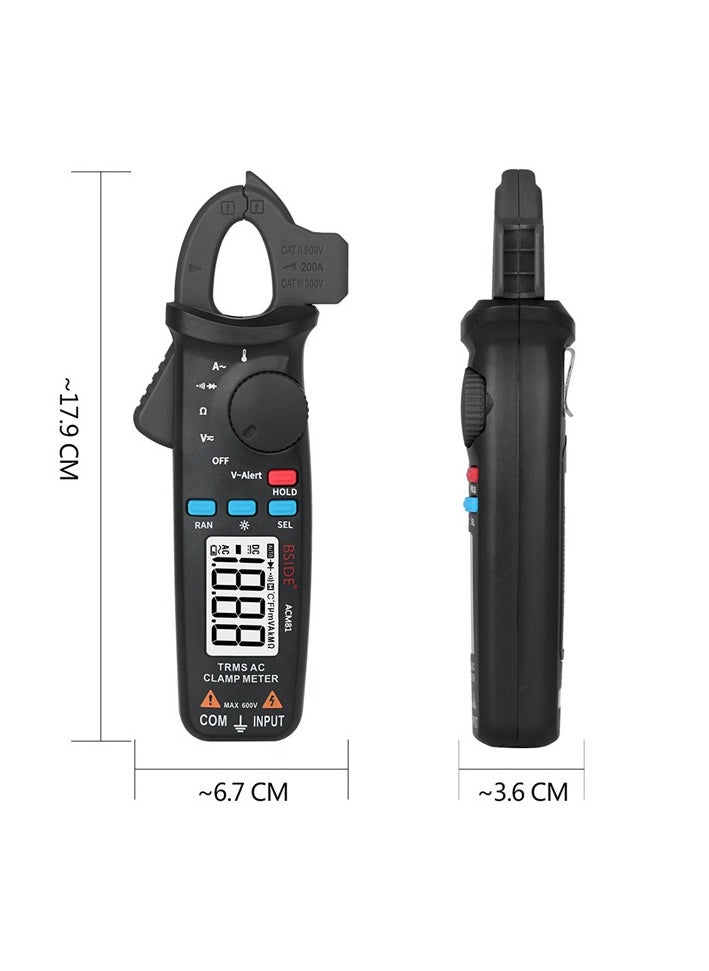 Digital AC Clamp Meter 2000 Counts Auto Range True RMS Portable Handheld Multimeter Measuring AC/DC Voltage AC Current Resistance Continuity Diode Temperature Tester w/ Back Clip and Backlight