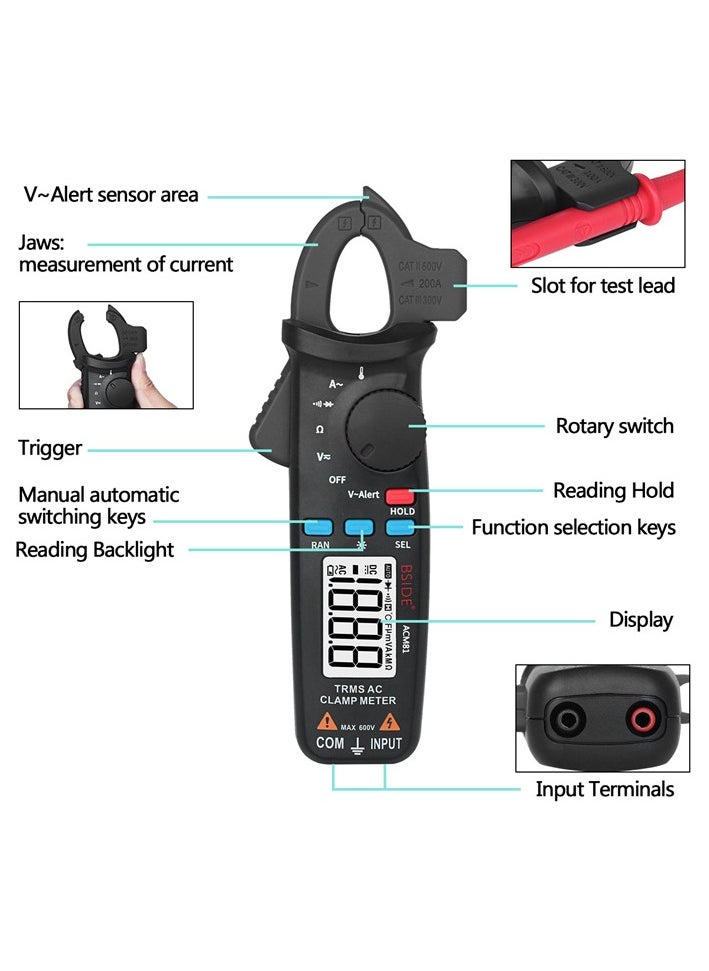 Digital AC Clamp Meter 2000 Counts Auto Range True RMS Portable Handheld Multimeter Measuring AC/DC Voltage AC Current Resistance Continuity Diode Temperature Tester w/ Back Clip and Backlight