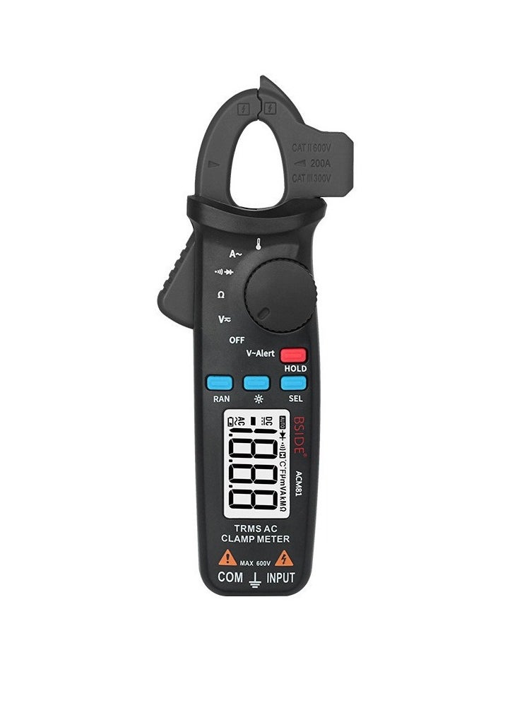 Digital AC Clamp Meter 2000 Counts Auto Range True RMS Portable Handheld Multimeter Measuring AC/DC Voltage AC Current Resistance Continuity Diode Temperature Tester w/ Back Clip and Backlight