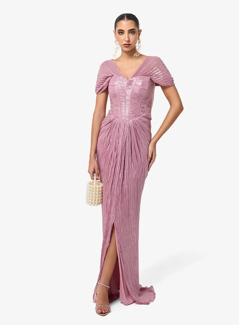Threadz by Ajooni Metallic Pleated Corset Maxi Dress with Front Slit