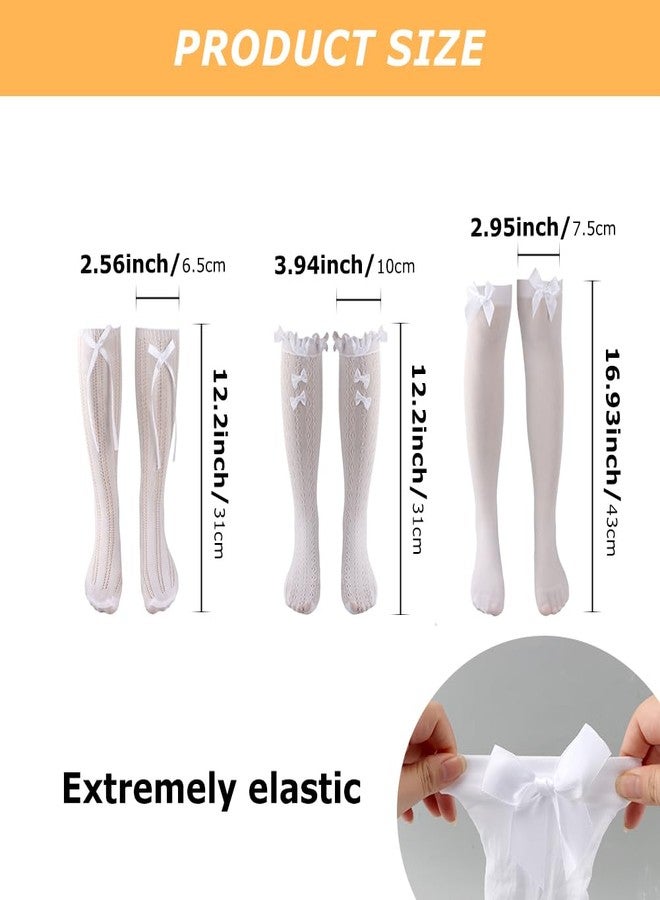 Ranjaner 3 أزواج من جوارب مهرجان أكتوبر للنساء، جوارب طويلة مزينة بفيونكات ودانتيل وكشكشة وجوارب بيضاء من الساتان، جوارب مهرجان أكتوبر الألمانية ديرندل تصل إلى الركبة (أبيض، المقاس: 12 بوصة) - Image 2