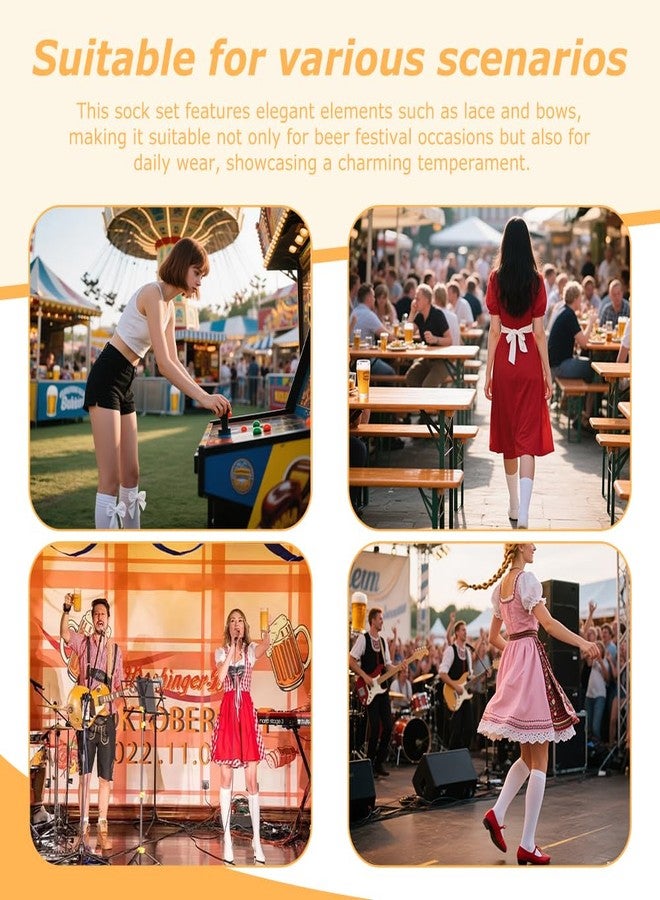 Ranjaner 3 أزواج من جوارب مهرجان أكتوبر للنساء، جوارب طويلة مزينة بفيونكات ودانتيل وكشكشة وجوارب بيضاء من الساتان، جوارب مهرجان أكتوبر الألمانية ديرندل تصل إلى الركبة (أبيض، المقاس: 12 بوصة) - Image 5