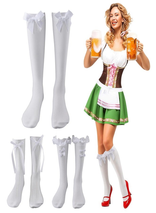 Ranjaner 3 أزواج من جوارب مهرجان أكتوبر للنساء، جوارب طويلة مزينة بفيونكات ودانتيل وكشكشة وجوارب بيضاء من الساتان، جوارب مهرجان أكتوبر الألمانية ديرندل تصل إلى الركبة (أبيض، المقاس: 12 بوصة) - Image 3