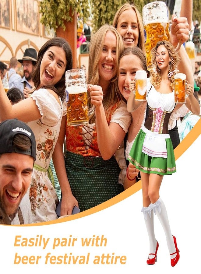 Ranjaner 3 أزواج من جوارب مهرجان أكتوبر للنساء، جوارب طويلة مزينة بفيونكات ودانتيل وكشكشة وجوارب بيضاء من الساتان، جوارب مهرجان أكتوبر الألمانية ديرندل تصل إلى الركبة (أبيض، المقاس: 12 بوصة) - Image 4