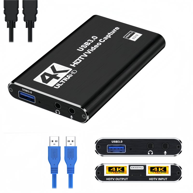 بطاقة التقاط فيديو Balabaxer 4K HDTV مع كابل HDTV تدعم 1080P بمعدل 60 إطارًا في الثانية، USB 3.0، تشغيل فوري، زمن استجابة فائق الانخفاض، HDR، البث المباشر للألعاب، الاجتماعات، مسجل فيديو متنقل. - Image 4