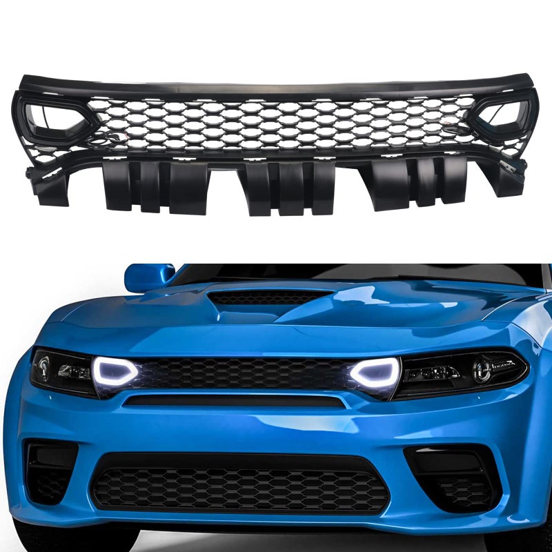 LONGKEES Grille Compatible With 2015 2016 2017 2018 2019 2020 2021 2022 Dodge Charger SRTScat Pack Front Black Bumper Grille Grill With Led Lights