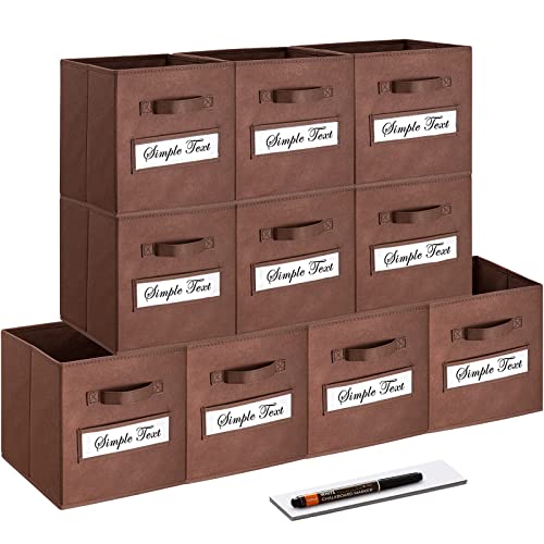 artsdi 11 Inch Storage Cube,Storage bin,cube storage (Set of 10) Foldable Fabric Cube Storage Bins with 10 Labels Window Cards & a Pen,Baskets Containers for Shelves,Closet Organizers Box,Brown - Image 1