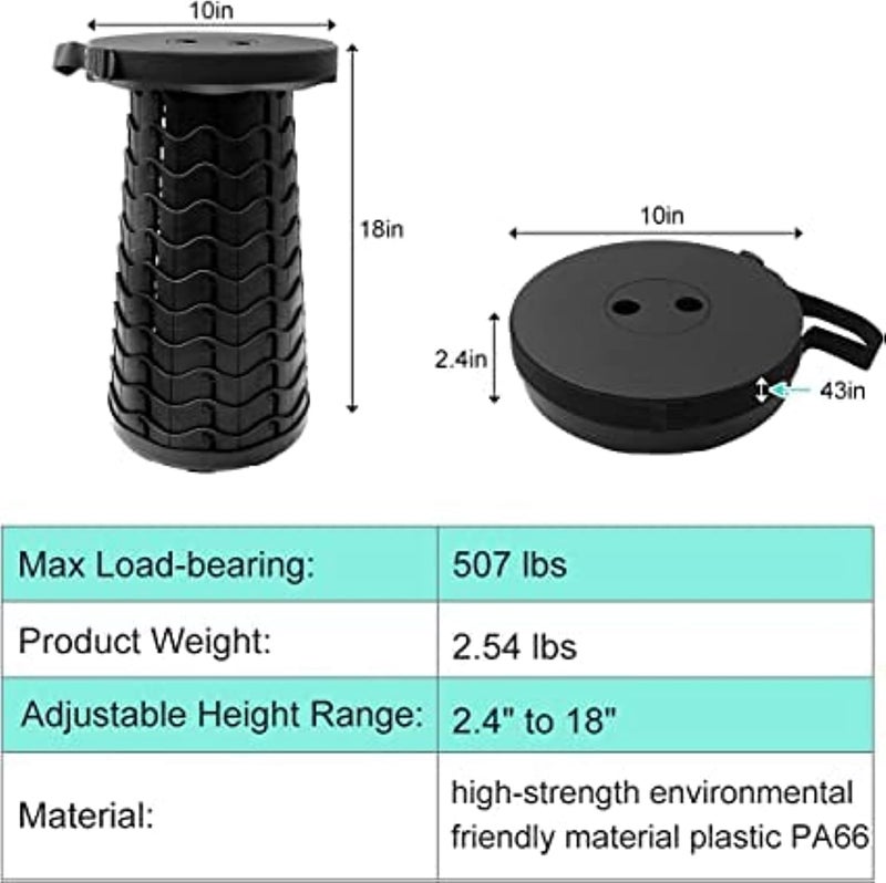 Retractable Telescoping Folding Stool Lightweight Portable Collapsible Chair Seat Adjustable Height for Adult Camping Travel Fishing Outdoor, Max Load 507lbs (Black) - Image 2