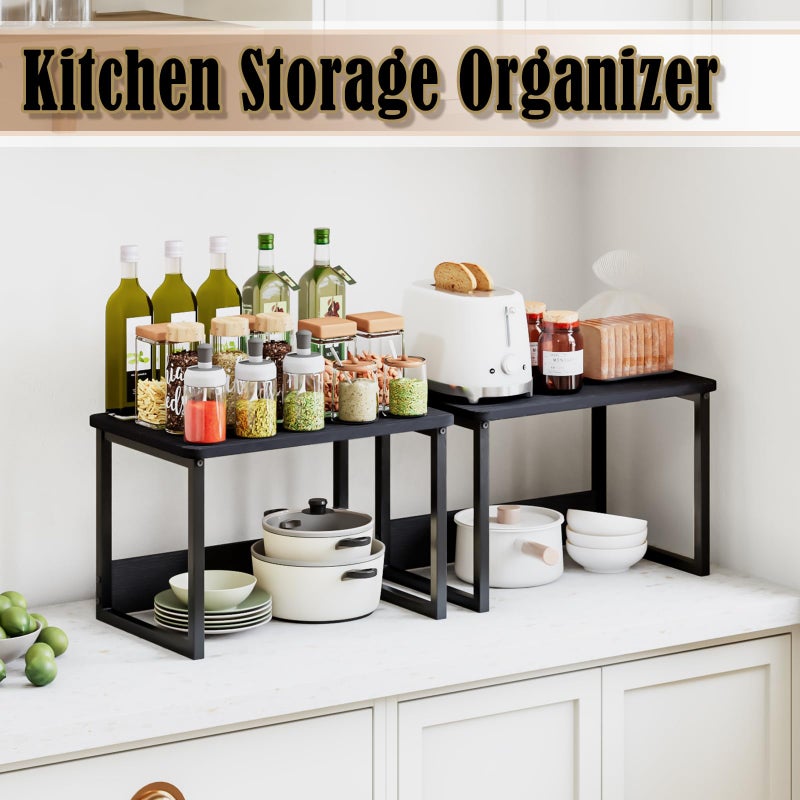 MARTY Kitchen Countertop Organizer Cabinet Shelf, 17x12.4 Large Spice Racks Counter Shelf Microwave Oven Rack Desktop Storage Organization for Kitchen, Office, Metal & Wood, Black - Image 3