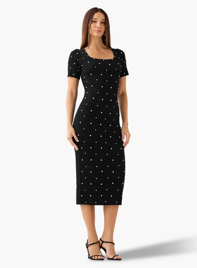 تواكستريمز 2Xtremz Stone Embellished Midi Knit Dress with Square Neck