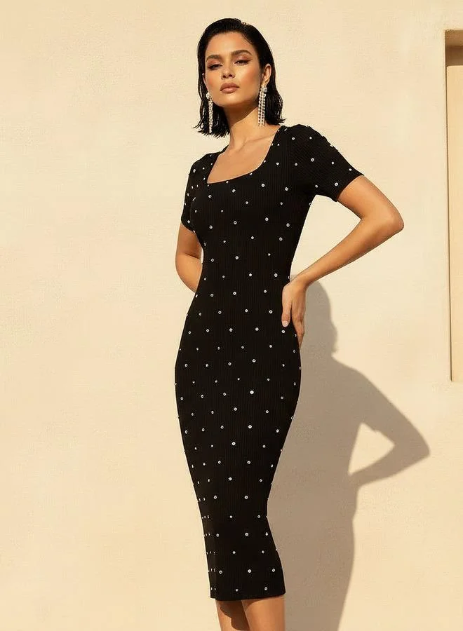 2Xtremz 2Xtremz Stone Embellished Midi Knit Dress with Square Neck