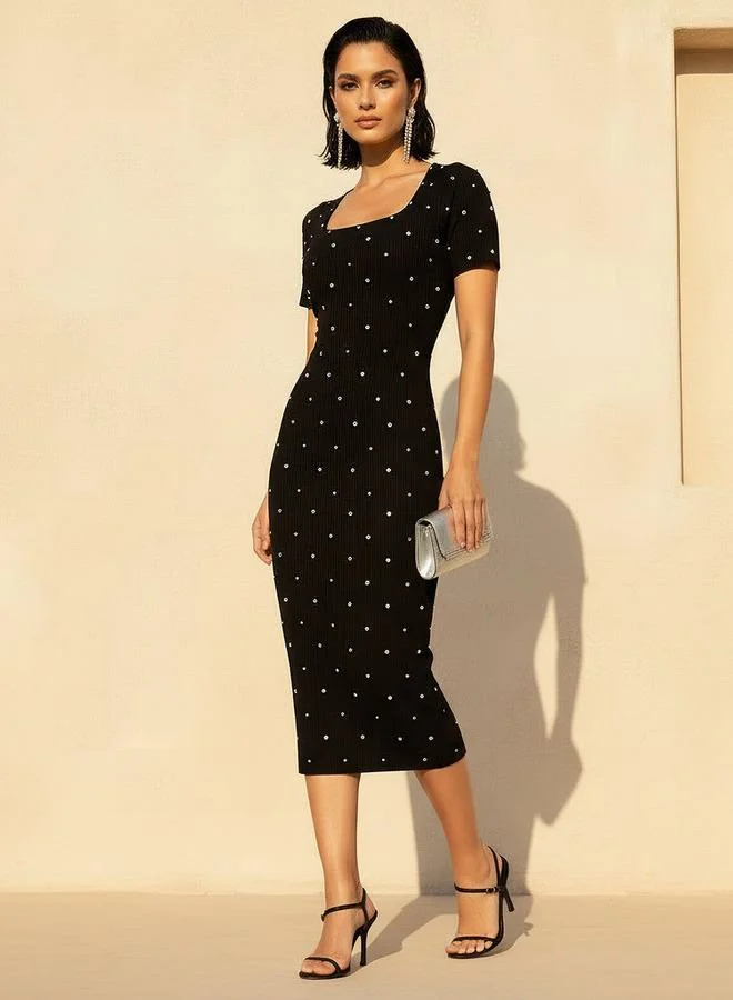 2Xtremz 2Xtremz Stone Embellished Midi Knit Dress with Square Neck