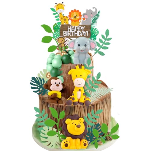 Marsui 36 Pcs Safari Cake Topper Leaves Cake Decorations Elephant Birthday Cake Toppers Jungle Animals Cakes Toppers Woodland Animal Tiger Lion for Party Baby Shower Birthday Supplies - Image 1