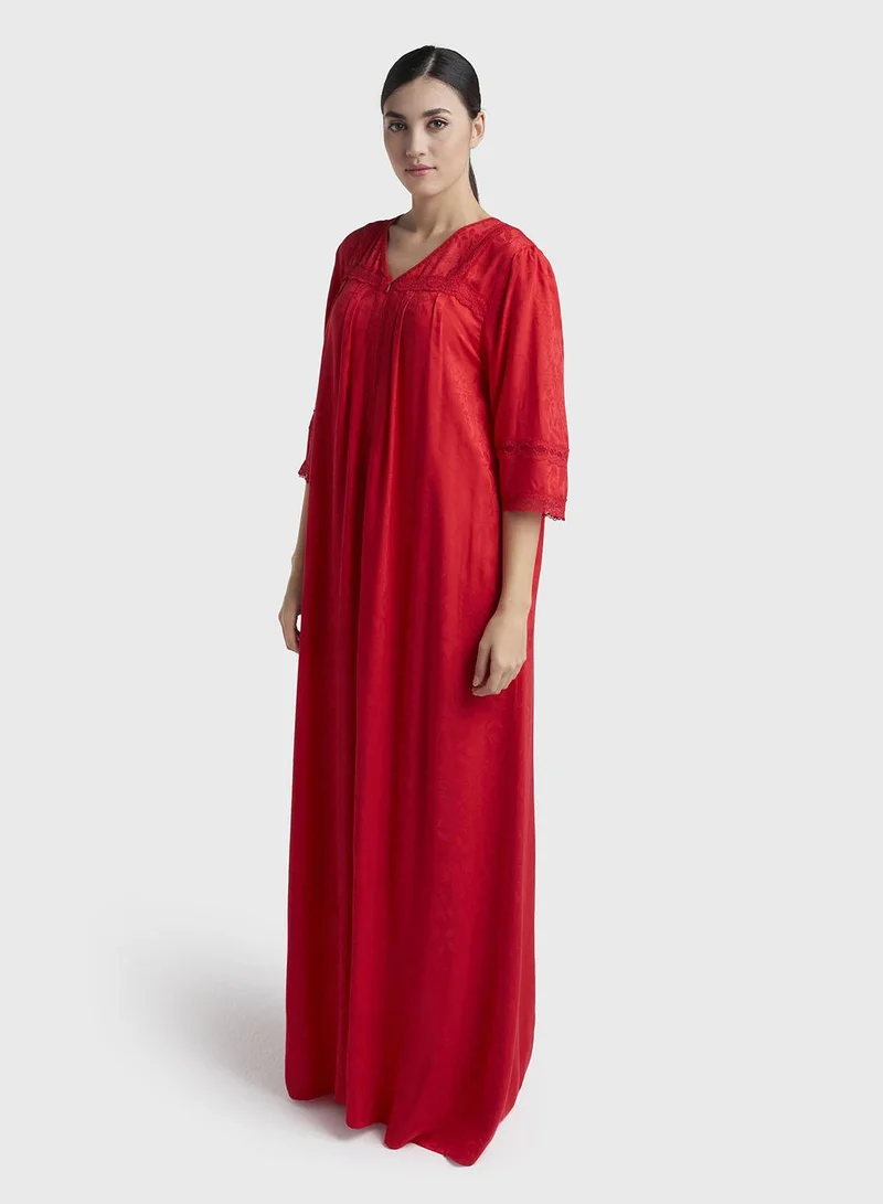 Kashkha  Red Jacquard Self-Print Rayon Long Nightwear Dress (CNH504) for Women | Best Price UAE