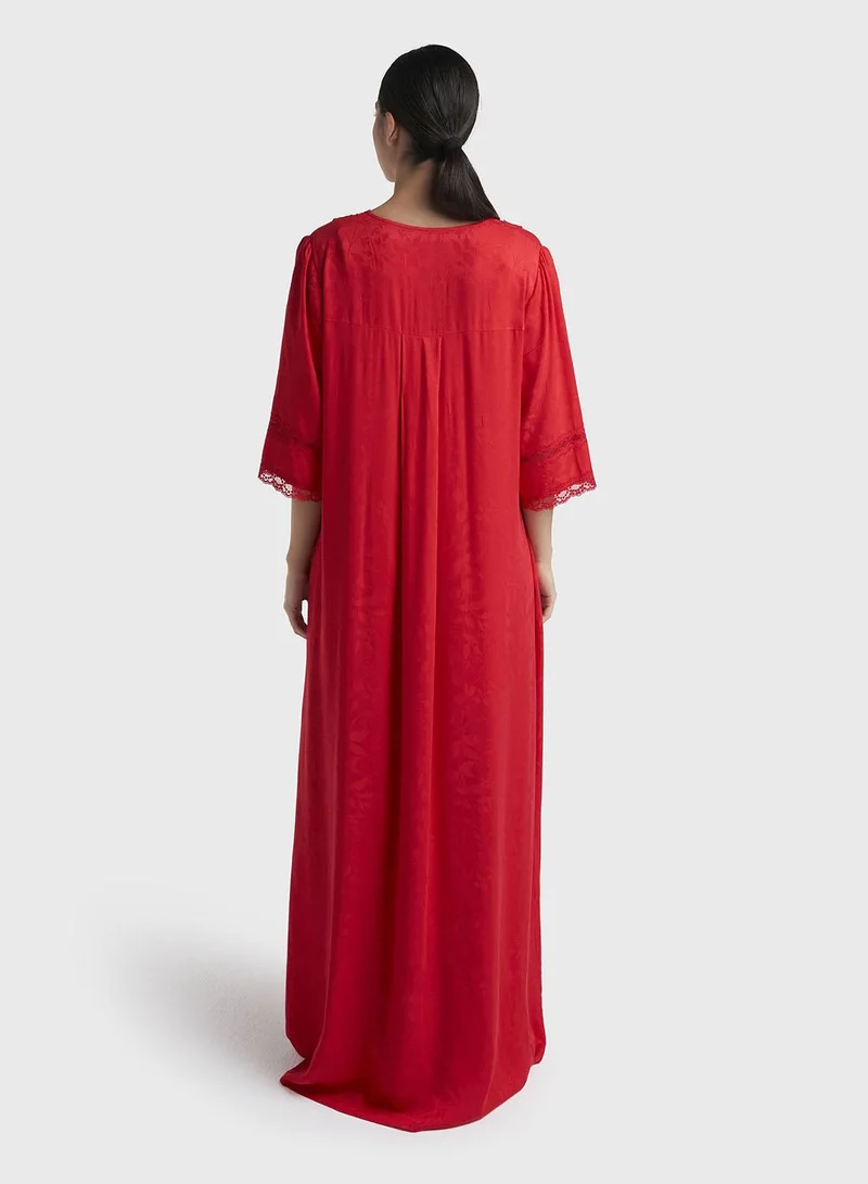 Kashkha  Red Jacquard Self-Print Rayon Long Nightwear Dress (CNH504) for Women | Best Price UAE