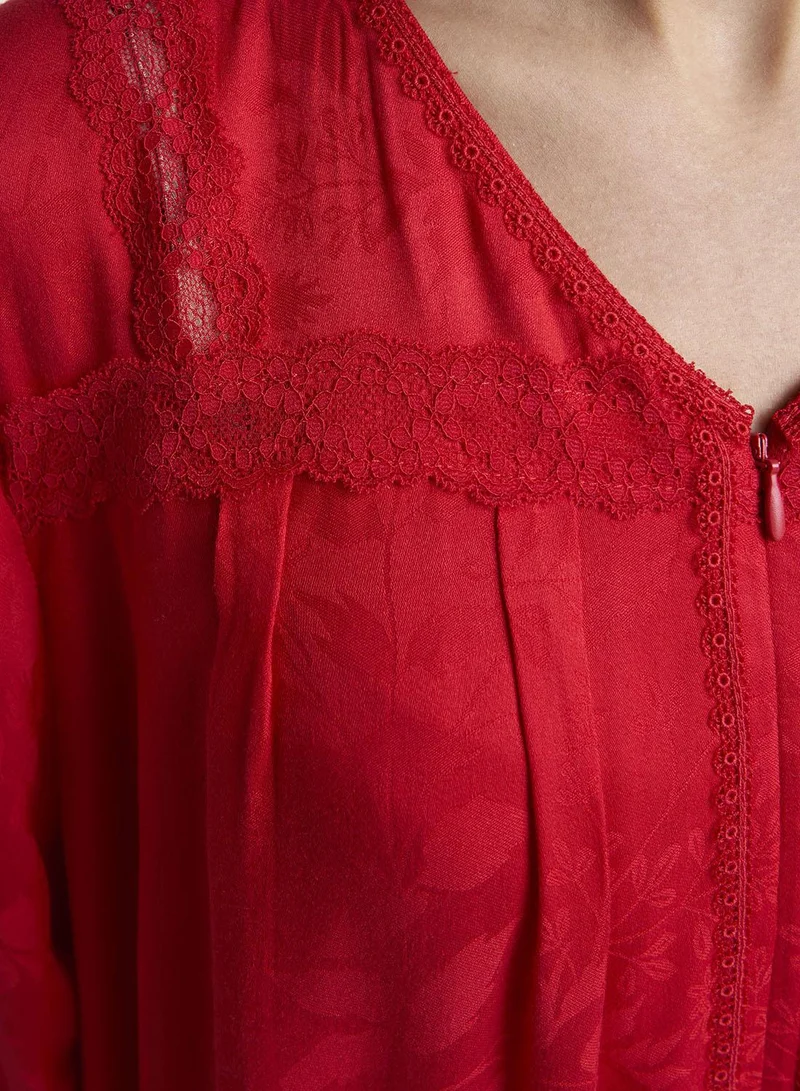 Kashkha  Red Jacquard Self-Print Rayon Long Nightwear Dress (CNH504) for Women | Best Price UAE