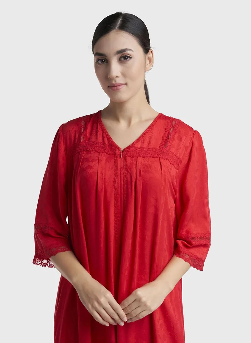 Kashkha Red Jacquard Self-Print Rayon Long Nightwear Dress (CNH504)