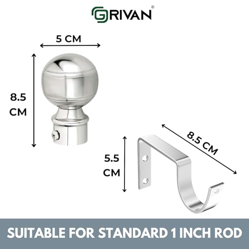 GRIVAN Stainless Steel Curtain Bracket Parda Holder with Support 1 Inch Rod Pocket Finials Designer Door and Window Rod Support Fittings, Curtain Rod Holder (Silver Pair of 8) - Image 4