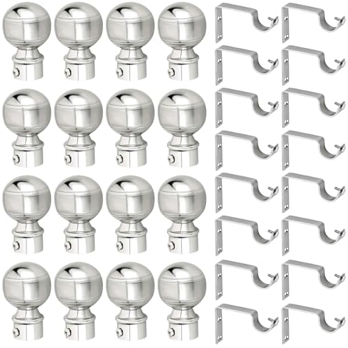 GRIVAN Stainless Steel Curtain Bracket Parda Holder with Support 1 Inch Rod Pocket Finials Designer Door and Window Rod Support Fittings, Curtain Rod Holder (Silver Pair of 8) - Image 1