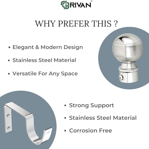 GRIVAN Stainless Steel Curtain Bracket Parda Holder with Support 1 Inch Rod Pocket Finials Designer Door and Window Rod Support Fittings, Curtain Rod Holder (Silver Pair of 8) - Image 3