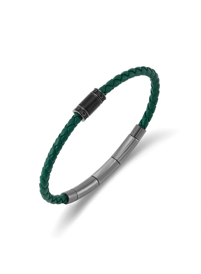 POLICE Carbon Green Slim Braided Leather Bracelet for Men