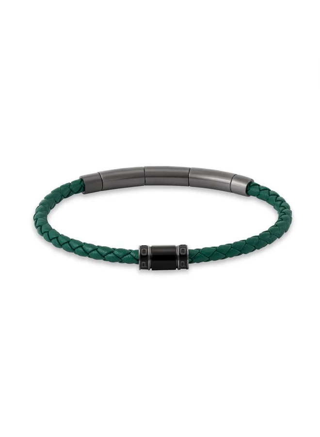 POLICE Carbon Green Slim Braided Leather Bracelet for Men